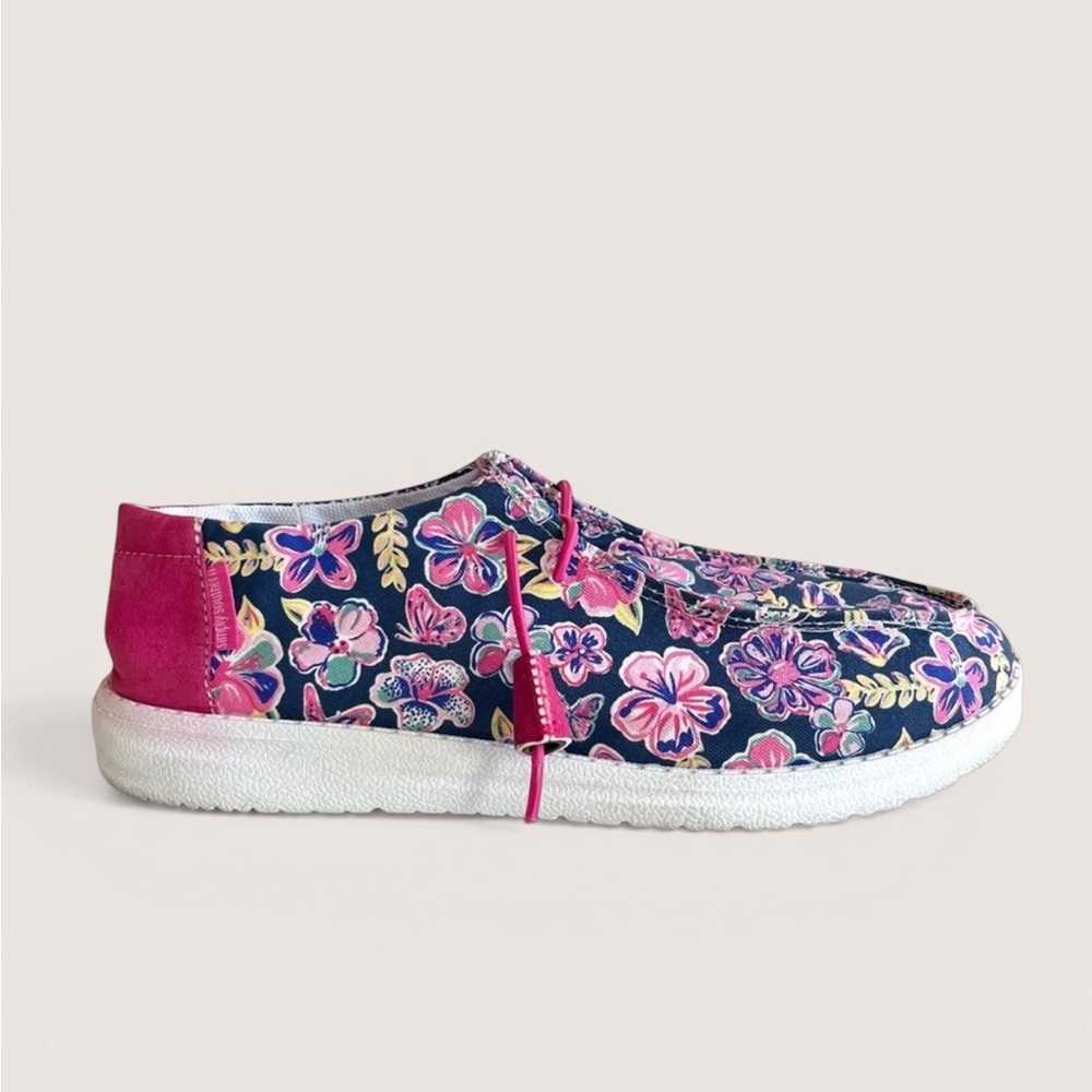 Simply Southern Navy Floral Slip-On Shoes with Pink Trim - Picture 3 of 16